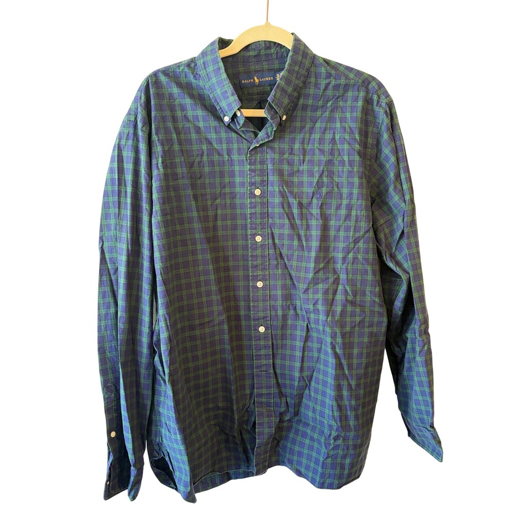 Ralph Lauren Mens Plaid Button Down Shirt Navy Green Long Sleeve Size 18 46